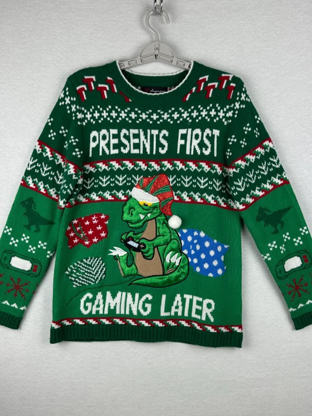 33 DEGREES " PRESENTS FIRST, GAMING LATER" T-REX UGLY CHRISTMAS SWEATER SIZE L